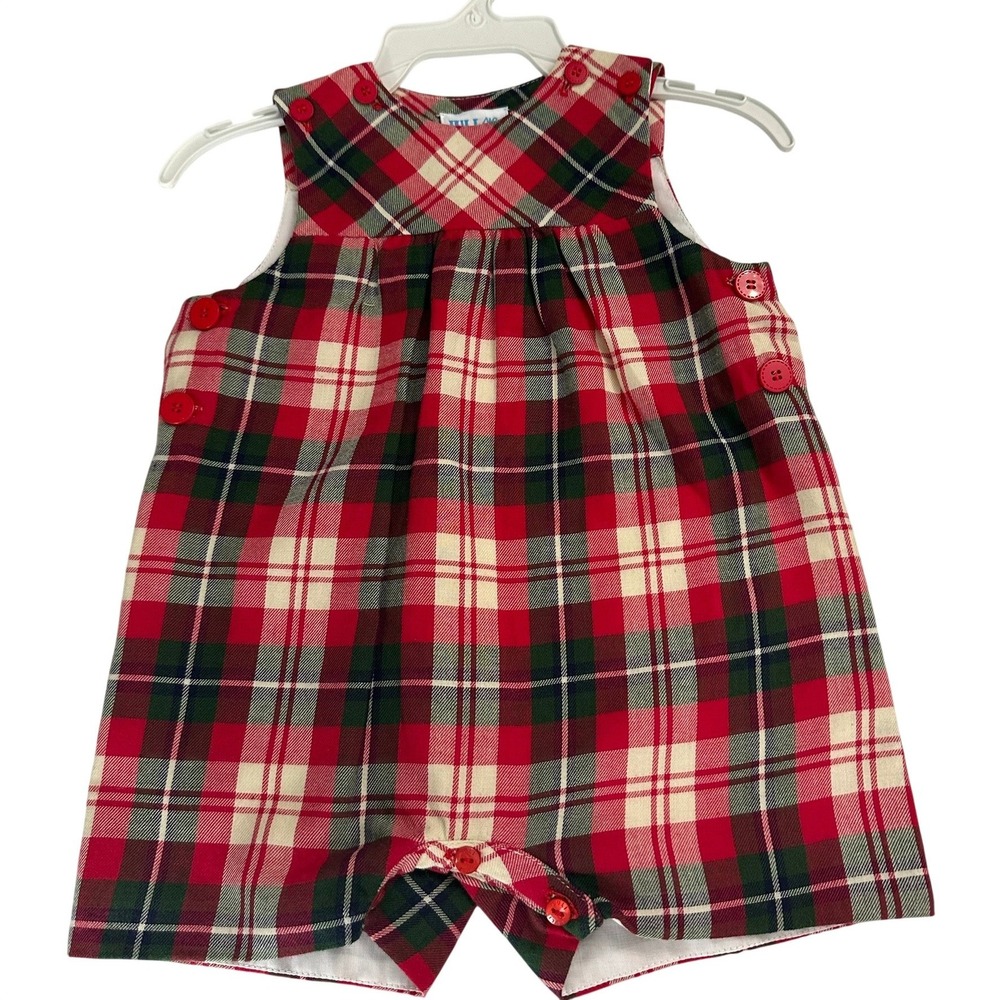 Luli & Me Baby Boy Red‎ Plaid Christmas Romper 6M Cotton Holiday Jon Jon